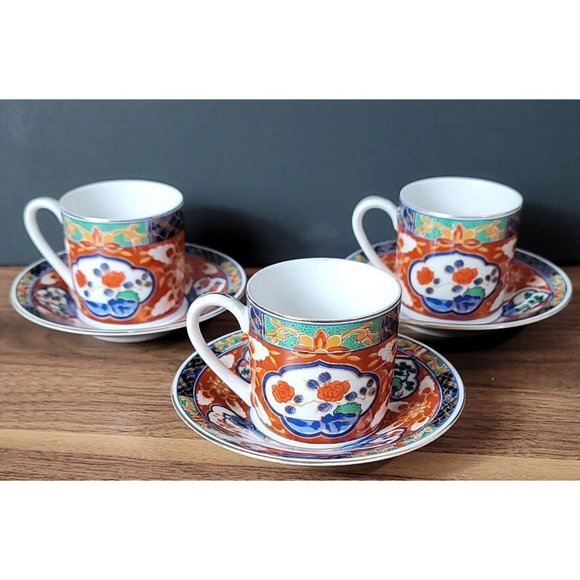 3 TAKAHASHI SAN FRANCISCO Demitasse Coffee Cups & Saucers  Multicolor & Gold Gil - Picture 1 of 16